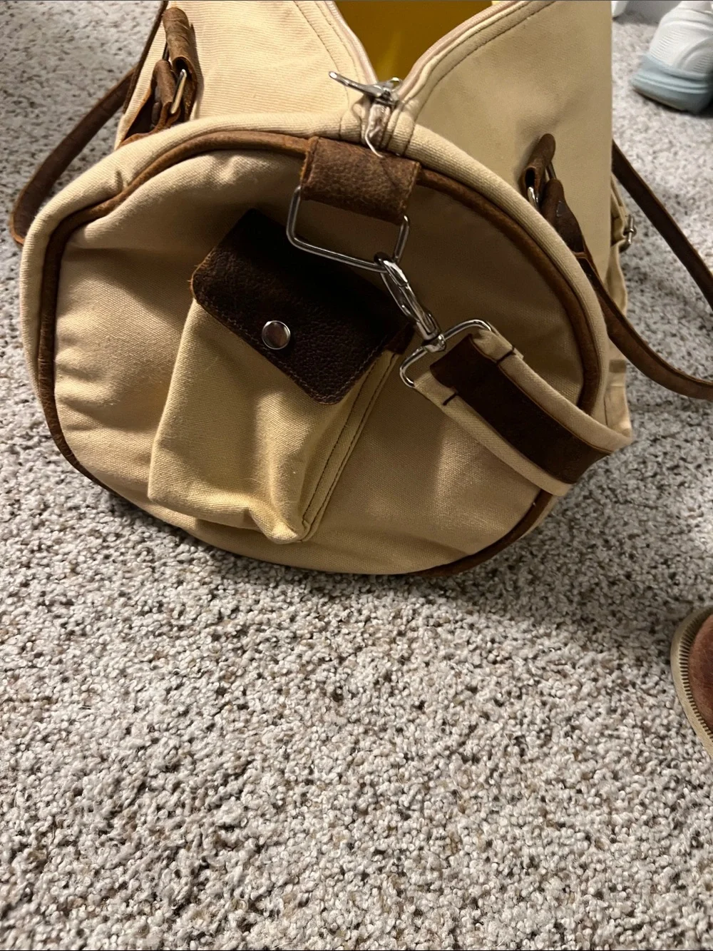 Canvas Duffel Bag with Brown Leather Handles and Accents - Beige
